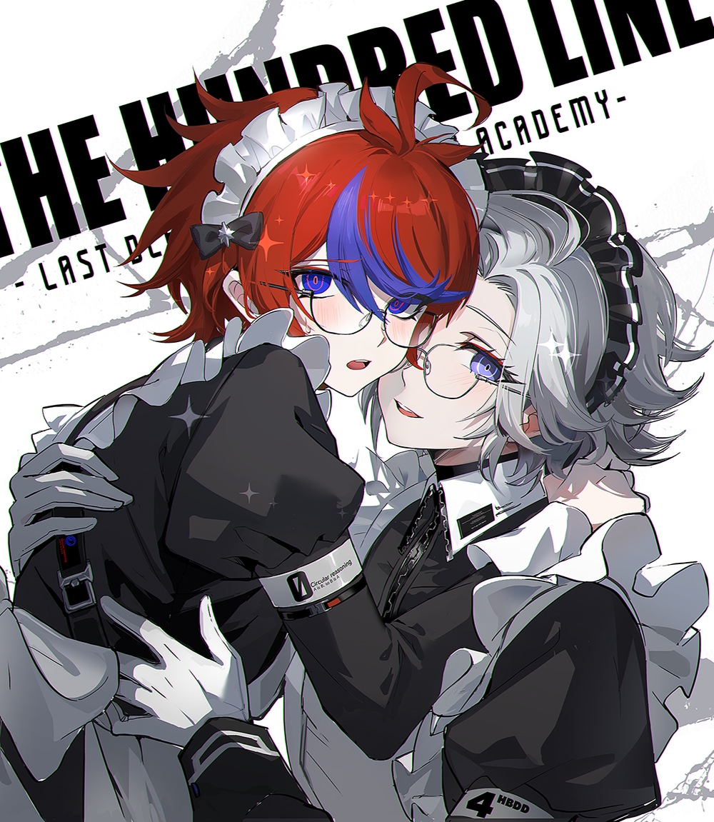 kaede1231, aotsuki eito, sumino takumi, the hundred line -last defense academy-, chinese commentary, commentary request, 2boys, ahoge, alternate costume, apron, armband, bespectacled, black bow, black dress, blue eyes, blue hair, blush, bow, chromatic aberration, collared dress, copyright name, crossdressing, crossdressing (mtf), dress, english text, enmaided, eyelashes, eyeliner, eyes visible through hair, glasses, gloves, grey hair, hand on another's back, hand on another's shoulder, hand on another's waist, juliet sleeves, long sleeves, maid, maid apron, maid headdress, makeup, male focus, multicolored hair, multiple boys, open mouth, puffy sleeves, red eyeliner, red hair, semi-rimless eyewear, short hair, smile, sparkle, streaked hair, tareme, turtleneck, two-tone hair, white apron, white armband, white gloves, yaoi, zipper, zipper dress