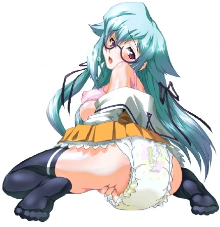 lowres, tagme, 1girl, ass, blue hair, bra, breasts, diaper, diaper under clothes, glasses, large breasts, long hair, nipples, pee, peeing, peeing self, print diaper, skirt, socks, underwear, wet diaper