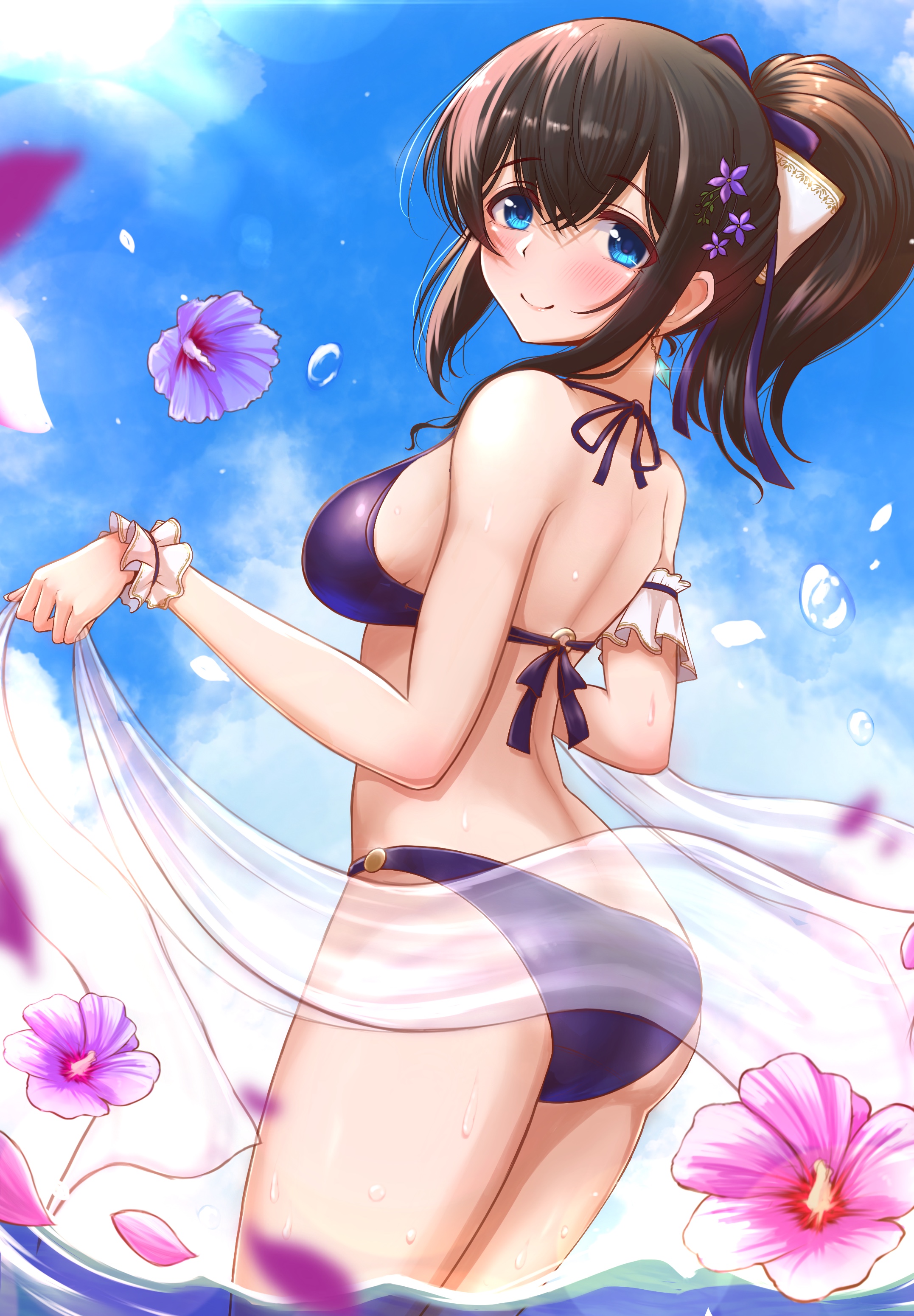 karlp346pro, sagisawa fumika, idolmaster, idolmaster cinderella girls, absurdres, highres, 1girl, ass, bikini, black hair, blue eyes, blue sky, blush, breasts, flower, hair between eyes, hair flower, hair ornament, large breasts, looking at viewer, looking back, medium hair, ponytail, purple bikini, sarong, short ponytail, sky, sun, swimsuit, thighs, water, wet