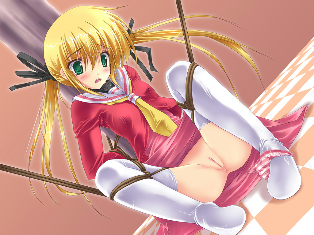 sanzen'in nagi, hayate no gotoku!, artist request, 00s, 1girl, anus, assisted exposure, bdsm, blonde hair, bondage, bound, feet, female focus, frogtie, hakuo school uniform, loli, long hair, no panties, panties, panties around leg, pussy, rope, school uniform, serafuku, solo, striped clothes, striped panties, thighhighs, twintails, uncensored, underwear