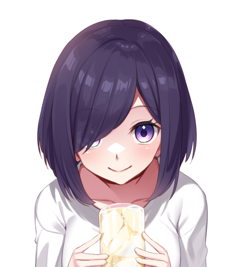 dodome-iro mayonnaise, komurasaki rin, indie virtual youtuber, commentary request, variant set, 1girl, black hair, blush, bob cut, breasts, closed mouth, cup, drinking glass, holding, holding cup, juice, looking at viewer, orange juice, portrait, purple eyes, shirt, short hair, simple background, smile, solo, swept bangs, t-shirt, virtual youtuber, white background, white shirt