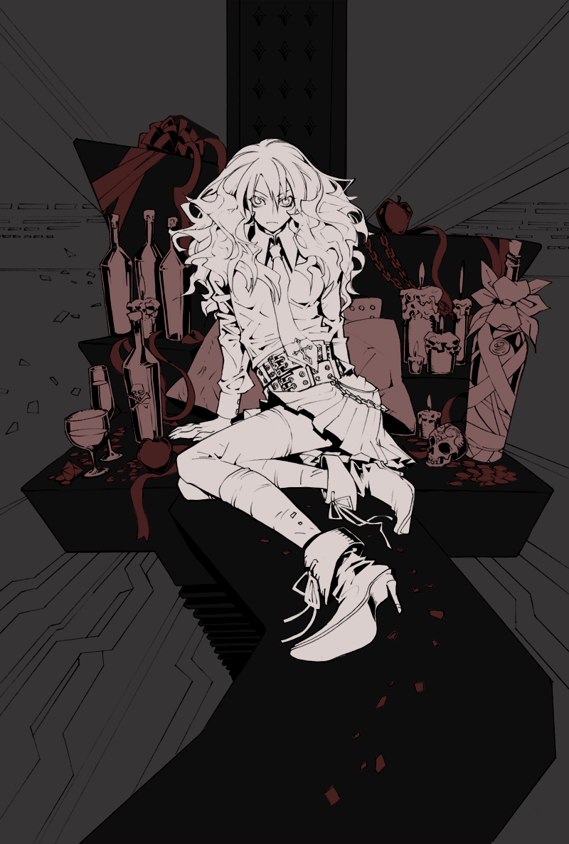 11 (yoshitaka), bad id, bad pixiv id, 11, 1girl, belt, bottle, candle, chain, female focus, miniskirt, monochrome, multiple monochrome, necktie, pink theme, ribbon, skirt, skull, solo, thighhighs