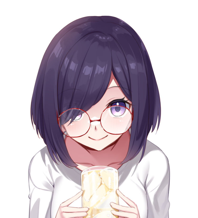 dodome-iro mayonnaise, komurasaki rin, indie virtual youtuber, commentary request, variant set, 1girl, black hair, blush, bob cut, breasts, closed mouth, cup, drinking glass, holding, holding cup, juice, looking at viewer, orange juice, portrait, purple eyes, red-framed eyewear, round eyewear, shirt, short hair, simple background, smile, solo, swept bangs, t-shirt, virtual youtuber, white background, white shirt