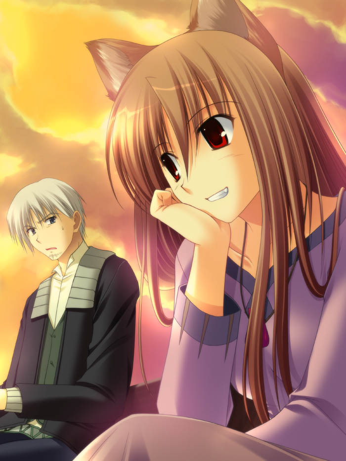 takepon, craft lawrence, holo, spice and wolf, 00s, animal ears, brown hair, long hair, red eyes, tail, wolf ears