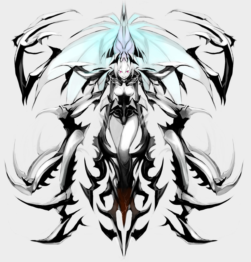 kodama yuuki, original, 1girl, breasts, cleavage, evil smile, female focus, leotard, looking at viewer, monochrome, red eyes, revealing clothes, simple background, smile, solo, spot color, thighhighs, thighs, white background, wings