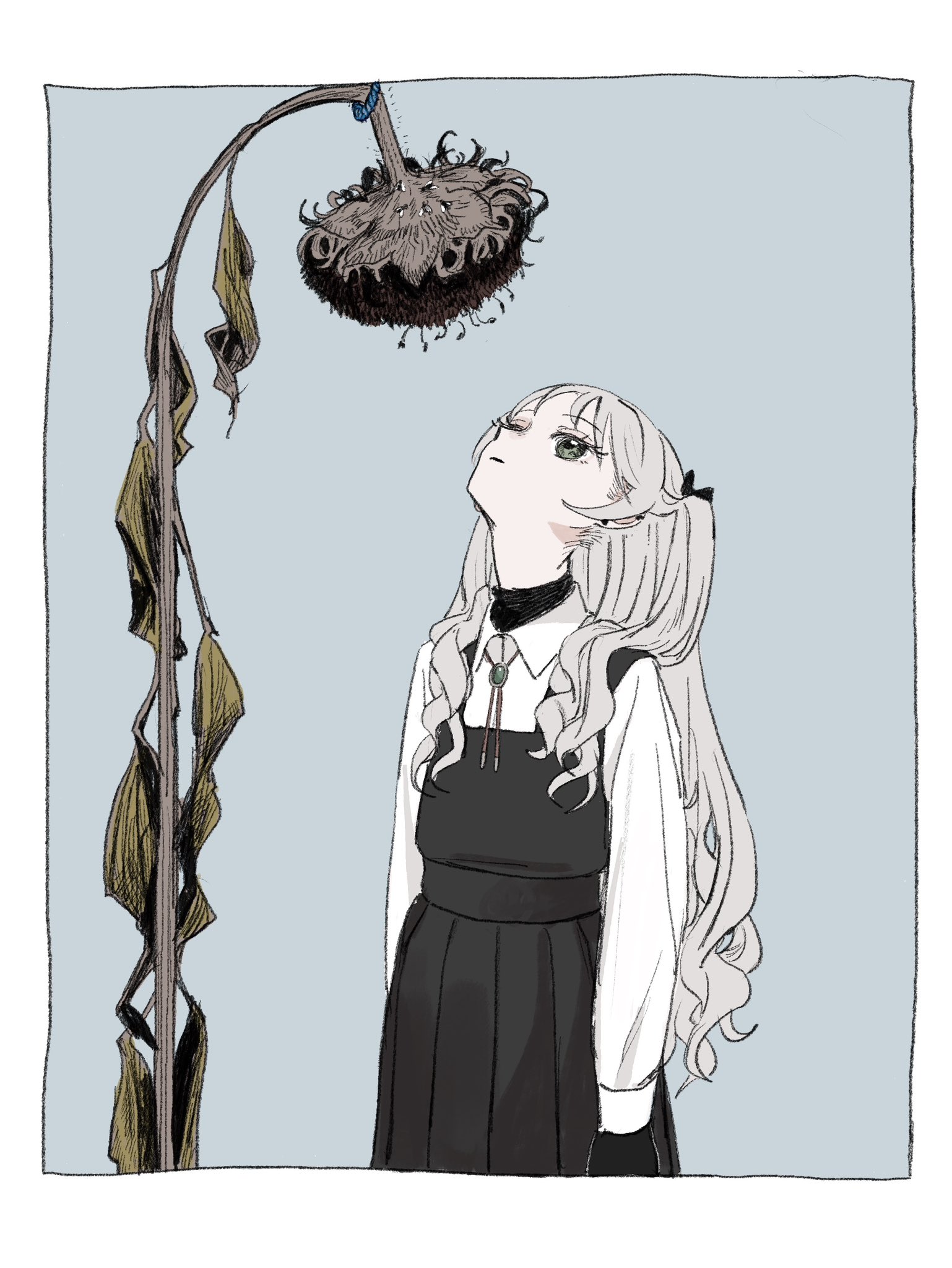 gomibako (gomibako price), original, commentary request, highres, 1girl, arms at sides, black dress, black gloves, blue background, blue eyes, border, closed mouth, collared shirt, cowboy shot, dress, expressionless, flower, gloves, grey hair, long hair, long sleeves, looking up, pinafore dress, shirt, sleeveless, sleeveless dress, solo, standing, sunflower, two side up, undershirt, white border, white shirt, wilted flower, yukino kanna (gomibako (gomibako price))