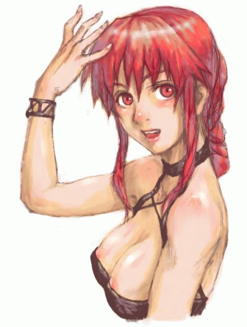 sasagawa (haikaiki), 1girl, areola slip, bare shoulders, bracelet, braid, breasts, female focus, jewelry, medium breasts, nipple slip, nipples, red eyes, red hair, solo