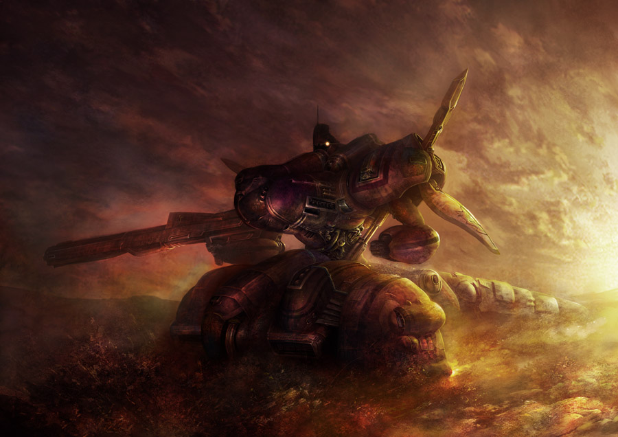 haze, yoshimura masato, vehicle, cloud, gun, mecha, military, military vehicle, motor vehicle, no humans, non-humanoid robot, robot, sunset, tank, weapon