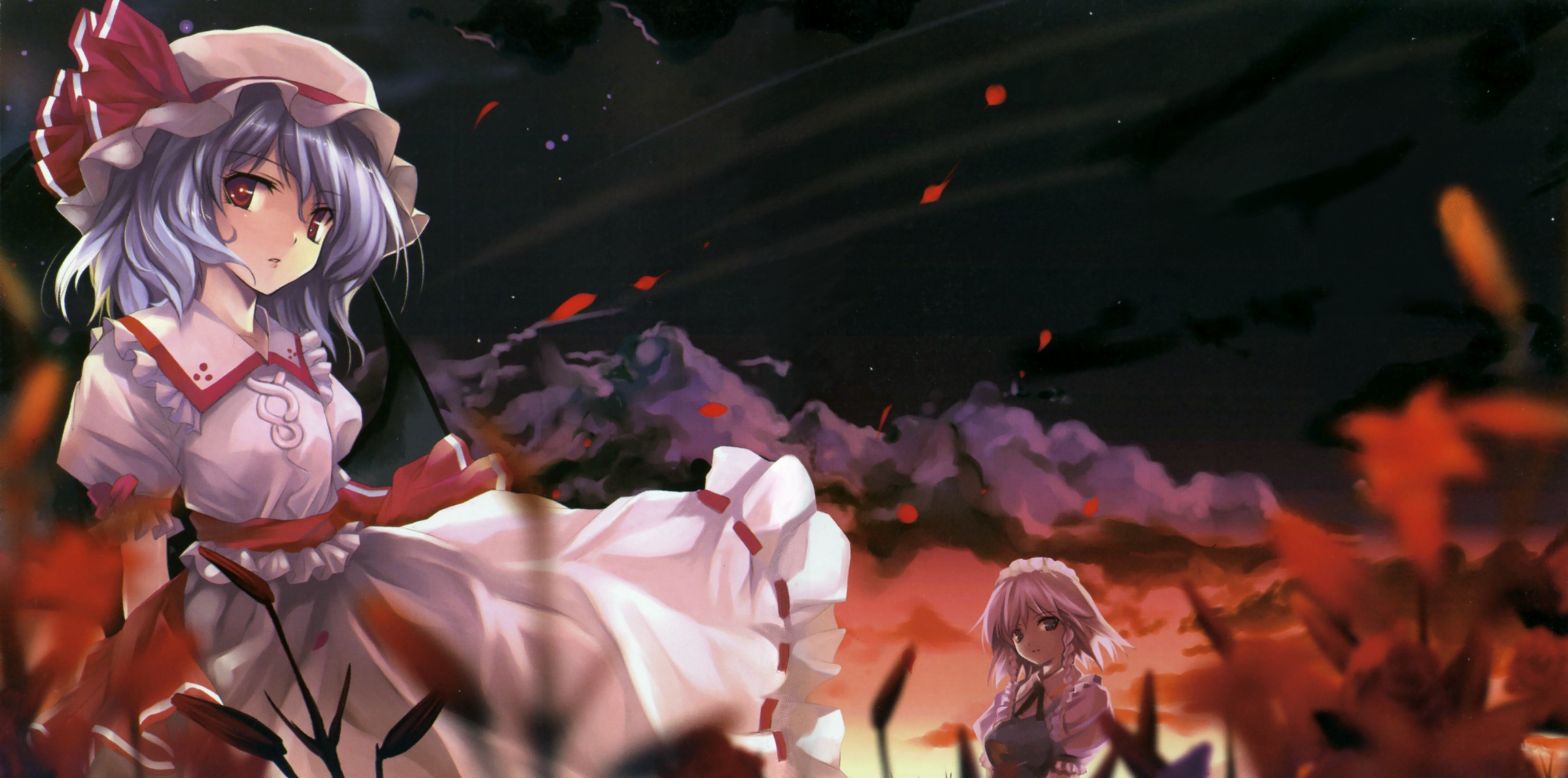 cradle (circle), misaki kurehito, izayoi sakuya, remilia scarlet, team shanghai alice, touhou, absurdres, highres, scan, 2girls, blue hair, cloud, female focus, flower, hat, maid, multiple girls, nature, outdoors, petals, plant, red eyes, short hair, skirt, sky, sunset, wind