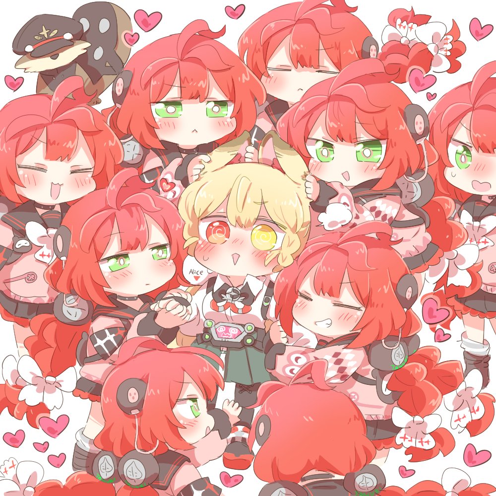 rebecca (keinelove), alice thymefield, kamanosuke (zenless zone zero), ukinami yuzuha, zenless zone zero, braided twintails, commentary request, 6+girls, :3, :d, @ @, animal ears, blonde hair, blush, braid, cardigan, chest bow, clone, clone harem, closed eyes, green eyes, hair ornament, hearing aid, heart, heterochromia, long hair, long sleeves, low twin braids, multiple girls, open mouth, pink cardigan, rabbit ears, rabbit girl, raccoon, red eyes, red hair, simple background, smile, tanuki, twin braids, twintails, white background, yellow eyes