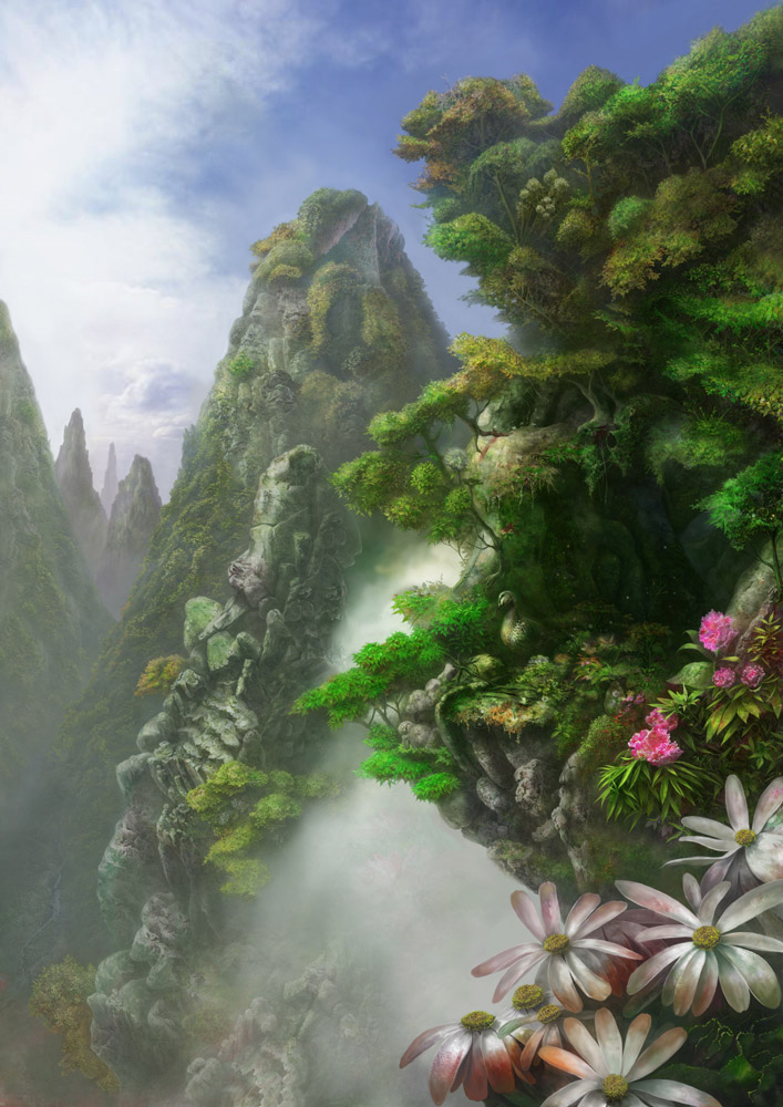 yoshimura masato, panorama, cloud, day, faux traditional media, flower, landscape, mountain, no humans, rock, scenery, sky, tree, water, waterfall