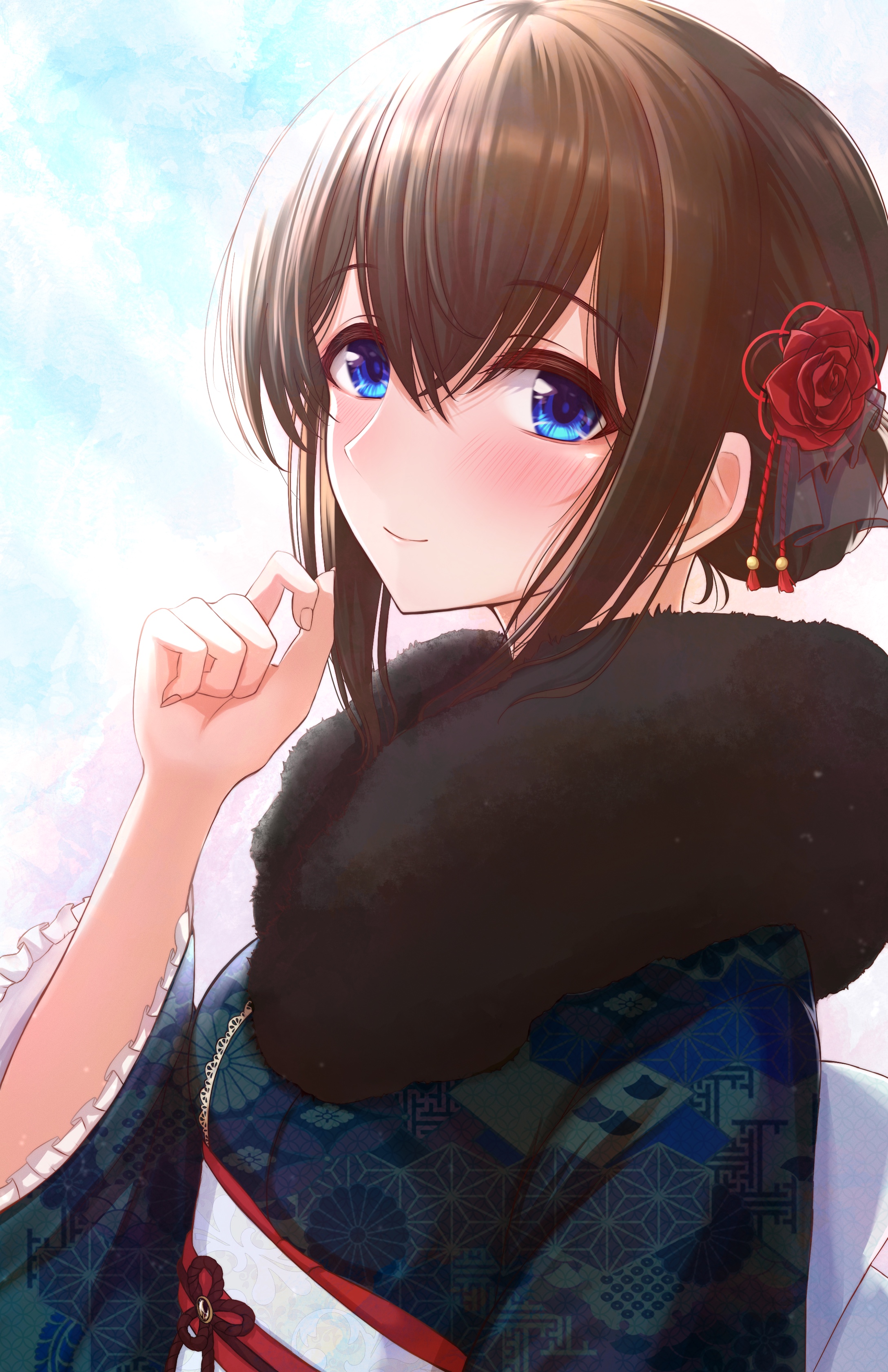 karlp346pro, sagisawa fumika, idolmaster, idolmaster cinderella girls, absurdres, highres, 1girl, blue eyes, blush, brown hair, flower, fur-trimmed kimono, fur trim, hair bun, hair flower, hair ornament, japanese clothes, kimono, looking at viewer, smile, solo, upper body