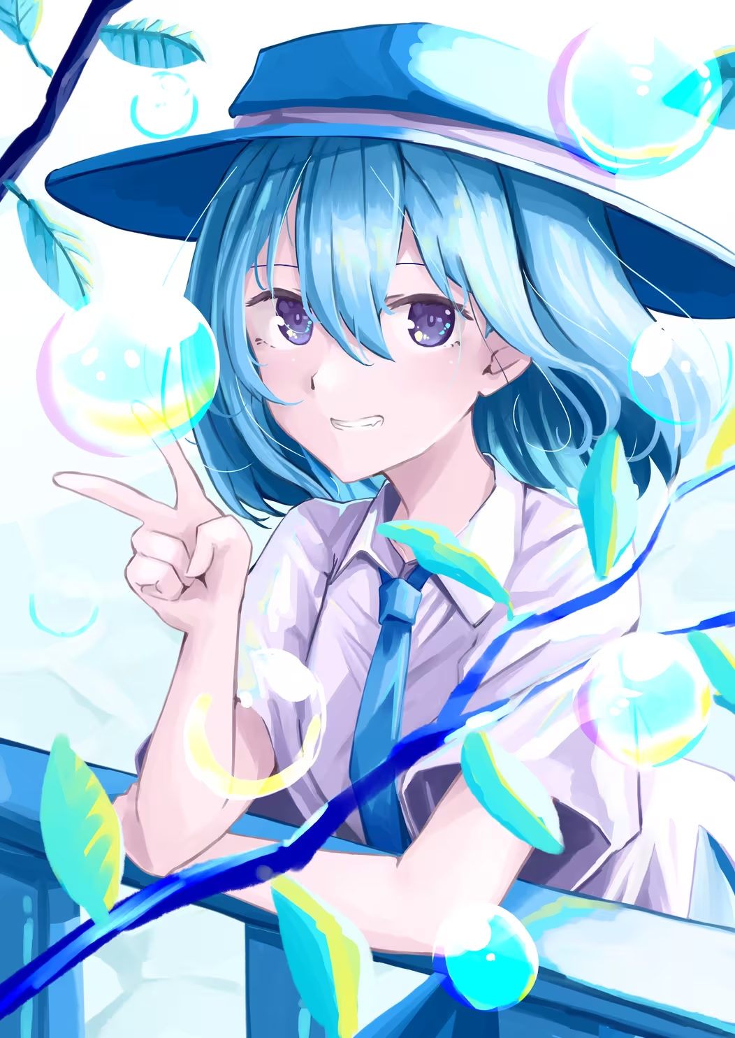 t-hou, usami renko, touhou, highres, 1girl, alternate color hat, alternate hair color, blue hair, blue hat, blue necktie, branch, bubble, elbow rest, fedora, hat, leaf, looking at viewer, necktie, shirt, smile, solo, v, white shirt