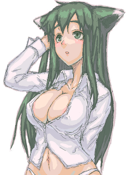 sasagawa (haikaiki), original, 1girl, animal ears, breasts, cat ears, cleavage, female focus, green eyes, green hair, long hair, matching hair/eyes, midriff, navel, open clothes, open shirt, panties, shirt, solo, underwear, very long hair