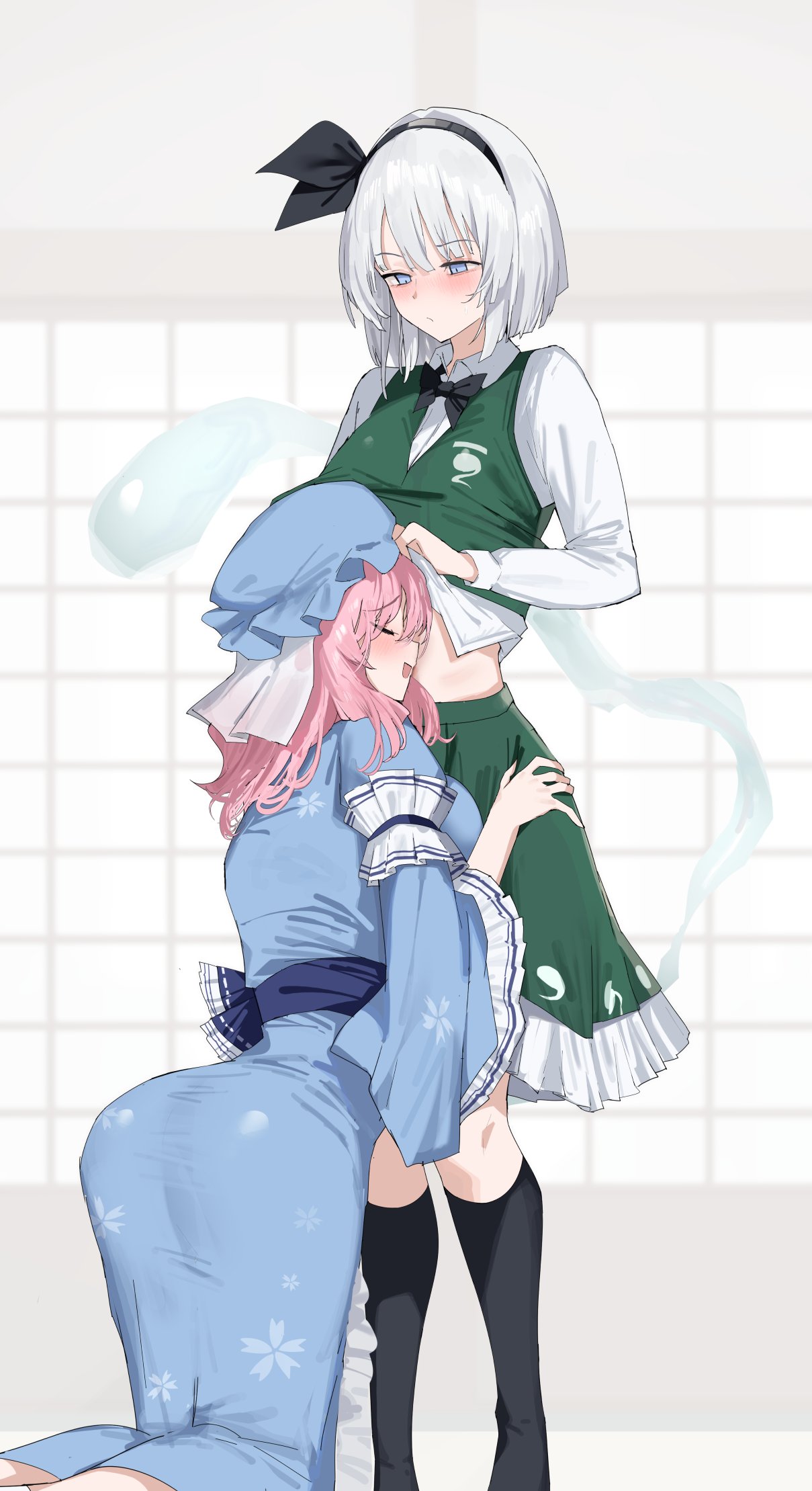 258n, konpaku youmu, konpaku youmu (ghost), saigyouji yuyuko, touhou, highres, 1girl, 2girls, black hairband, blue dress, blue eyes, blue sash, blush, closed eyes, clothes lift, dress, frilled dress, frills, green vest, hairband, hands on another's hips, hat, hitodama, hitodama print, kneehighs, medium hair, midriff, mob cap, multiple girls, pink hair, sash, shirt, shirt lift, skin tight, skirt, skirt set, socks, solo, tight clothes, tight dress, vest, white hair, white shirt