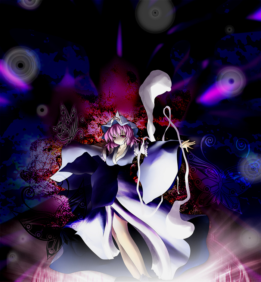 jum (parallel parasol), saigyouji yuyuko, touhou, 1girl, blue hat, female focus, hat, mob cap, pink eyes, pink hair, solo
