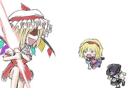 alice margatroid, flandre scarlet, kirisame marisa, touhou, lowres, 3girls, blonde hair, blush, crystal, dress, energy sword, female focus, flying, hairband, hat, hidden eyes, holding, holding weapon, looking back, mob cap, multiple girls, red dress, shaded face, short hair, sword, weapon, wings, witch hat