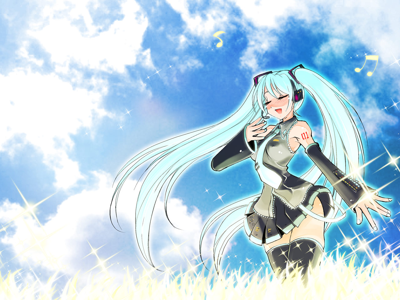 raymon, hatsune miku, vocaloid, closed eyes, green hair, long hair, solo, thighhighs, twintails, very long hair, zettai ryouiki
