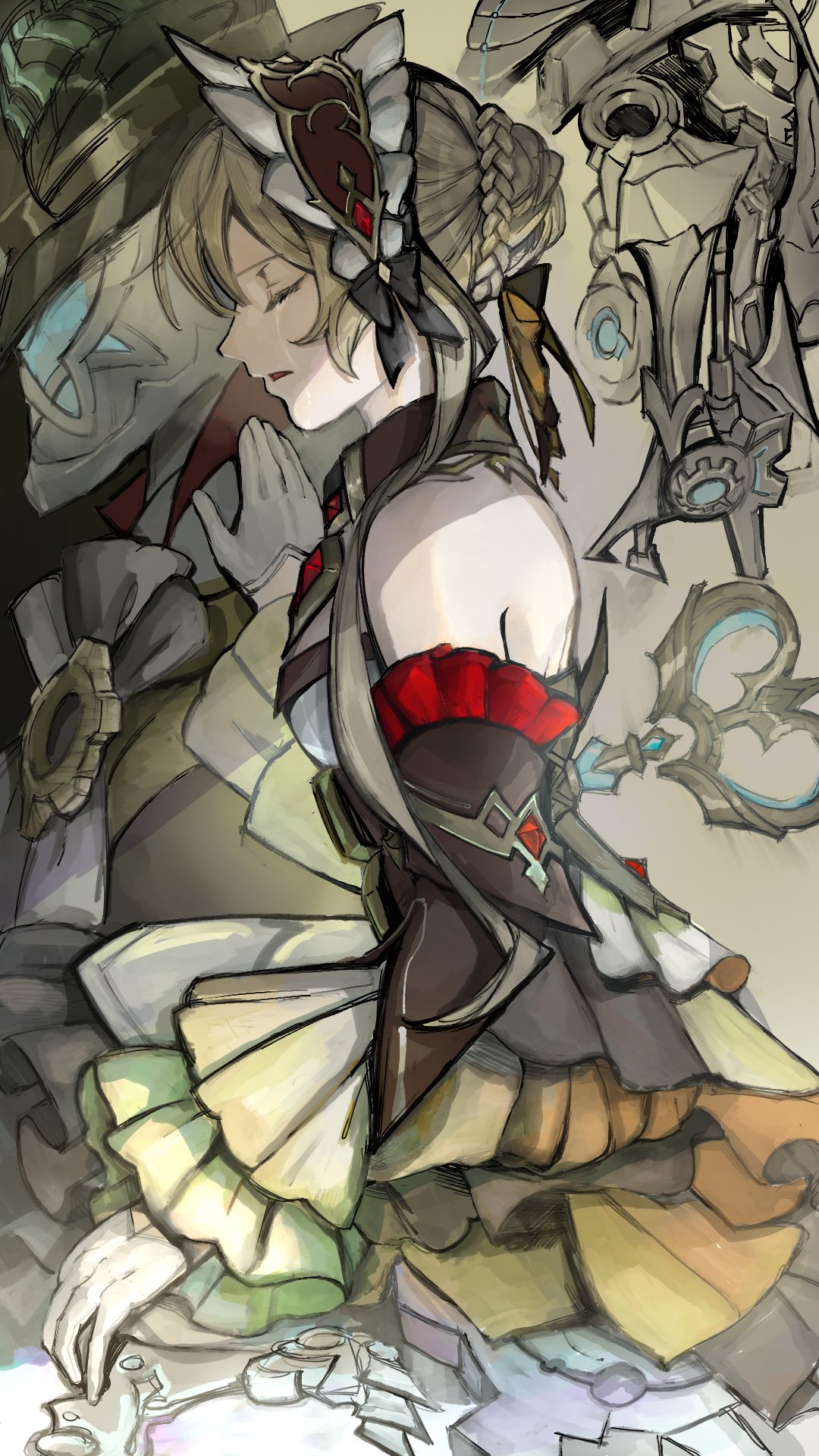 sandrone (genshin impact), genshin impact, highres, 1girl, 4acv07, bare shoulders, braid, closed eyes, crying, detached sleeves, frilled sleeves, frills, from side, gloves, grey gloves, grey hair, hairband, long sleeves, parted lips, red hairband, robot, tears, winding key