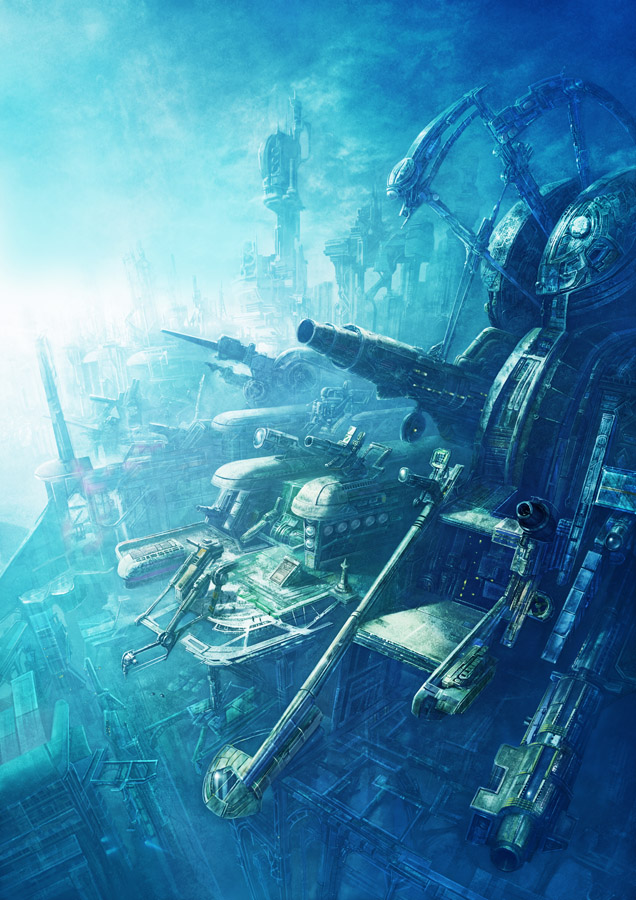 yoshimura masato, original, blue theme, city, gun, landscape, machine, monochrome, no humans, scenery, science fiction, weapon