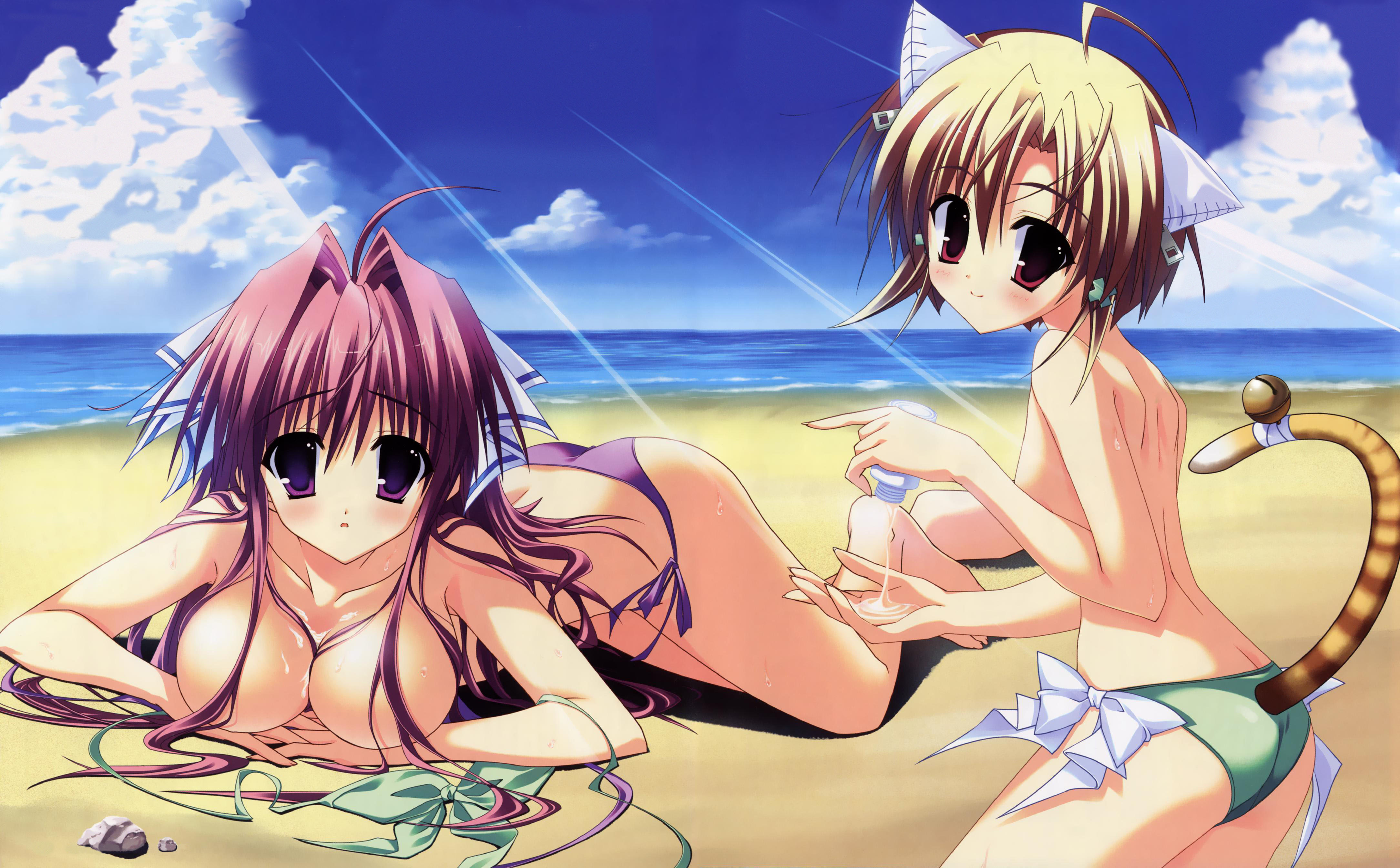 mitha, miyagino sayu, tsukimura miki, clear (visual novel), absurdres, highres, 2girls, animal ears, beach, bikini, blonde hair, breast press, breasts, cat ears, cat tail, cleavage, day, large breasts, multiple girls, outdoors, pink hair, purple eyes, red eyes, side-tie bikini bottom, small breasts, swimsuit, tail, topfreedom, topless female