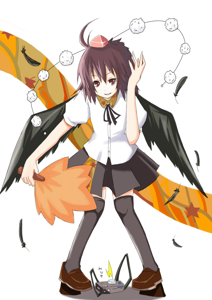 hono (whitesnow), whitesnow, shameimaru aya, touhou, 1girl, brown hair, camera, female focus, geta, hat, looking at viewer, red eyes, short hair, smile, solo, tengu-geta, thighhighs, white background, wings