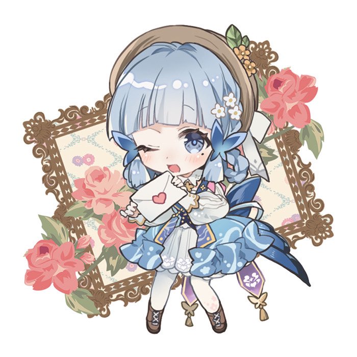 tuduri, ayaka (genshin impact), kamisato ayaka, kamisato ayaka (springbloom missive), genshin impact, 1girl, blue butterfly, blue dress, blue eyes, blue hair, blunt bangs, blunt tresses, blush, braid, braided hair rings, brown hat, bug, butterfly, butterfly hair ornament, butterfly ring, chibi, collar, dress, flower, hair flower, hair ornament, hair rings, hair up, hat, hat flower, hat ornament, heart, holding, holding letter, insect, leaf hat ornament, letter, long sleeves, mole, mole under eye, multicolored dress, official alternate costume, official alternate hairstyle, one eye closed, pantyhose, puffy long sleeves, puffy sleeves, smile, solo, white collar, white pantyhose