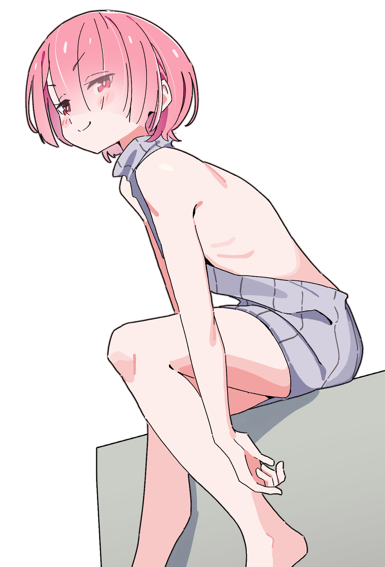 noyama takenoko, ram (re:zero), re:zero kara hajimeru isekai seikatsu, commentary request, highres, 1girl, backless dress, backless outfit, bare arms, bare legs, bare shoulders, barefoot, blush stickers, dress, eyes visible through hair, grey dress, grey sweater, hair over one eye, looking at viewer, pink hair, red eyes, short hair, sitting, smile, solo, sweater, sweater dress, turtleneck, turtleneck dress, turtleneck sweater, v-shaped eyebrows, virgin killer sweater