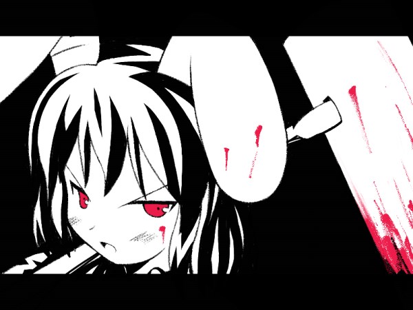 haruyama kazunori, inaba tewi, touhou, 1girl, animal ears, black background, blood, blood on face, bloody weapon, female focus, frown, hammer, letterboxed, looking at viewer, monochrome, open mouth, pink eyes, portrait, rabbit ears, short hair, simple background, solo, spot color, weapon
