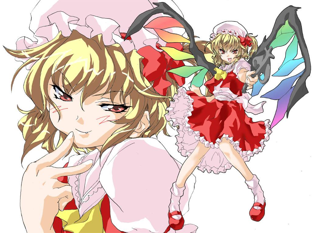 matsukura nemu, flandre scarlet, touhou, jpeg artifacts, 1girl, blonde hair, bonnet, bow, dress, fang, female focus, foreshortening, frills, laevatein, naughty face, red eyes, short hair, smirk, socks, wings