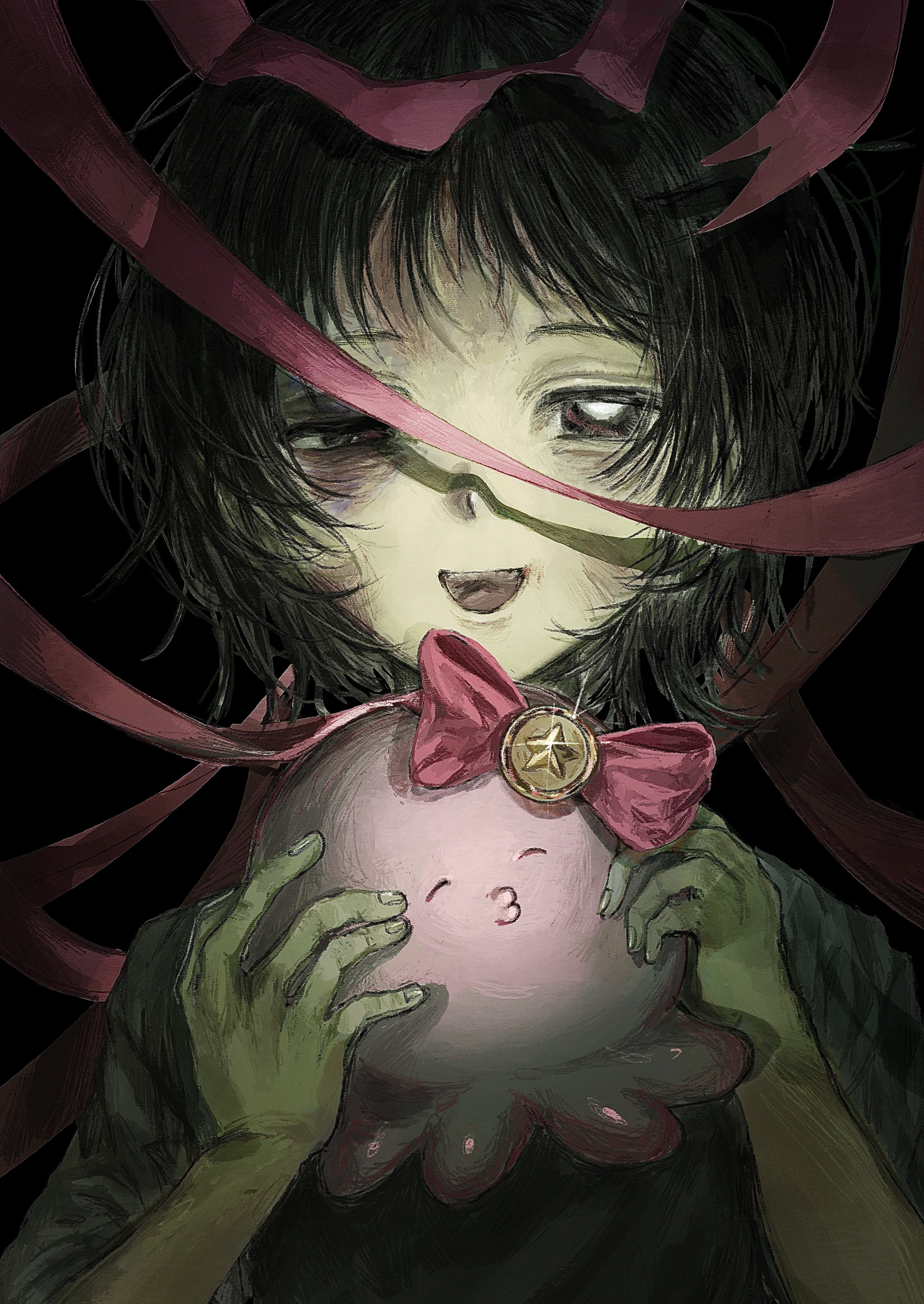 kashiba (iiiiii kasba), kuze shizuka, takopii, takopii no genzai, absurdres, highres, 1girl, black background, black eyes, black hair, black shirt, bow, creature, half-closed eyes, holding, looking at viewer, open mouth, red ribbon, ribbon, shirt, short hair, simple background, smile, solo, upper body