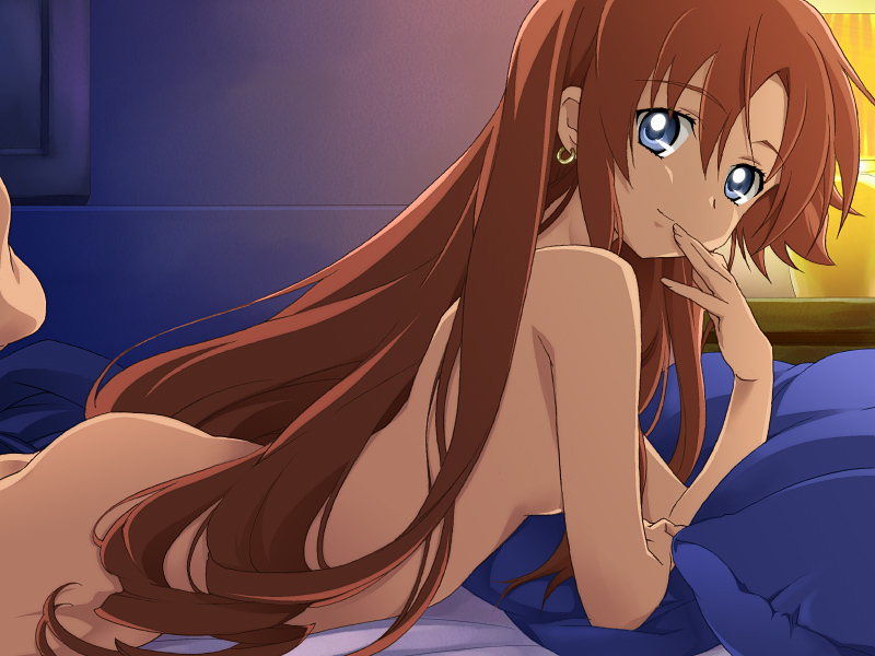 saipaco, nadie, el cazador de la bruja, 00s, 1girl, asymmetrical hair, bed, blue eyes, brown hair, earrings, female focus, jewelry, long hair, mexico, nude, solo, very long hair