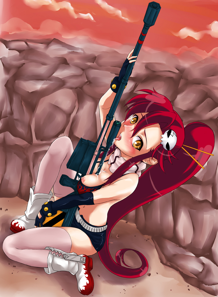 yoko littner, tengen toppa gurren lagann, 00s, 1girl, anti-materiel rifle, bikini, bikini top only, blush, breasts, elbow gloves, female focus, gloves, gun, licking, licking weapon, long hair, medium breasts, nipple slip, nipples, red hair, rifle, saliva, short shorts, shorts, sniper rifle, solo, swimsuit, thighhighs, tongue, weapon, yellow eyes
