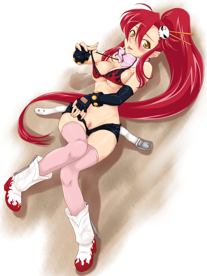 yoko littner, tengen toppa gurren lagann, 00s, 1girl, bikini, bikini top only, blush, breasts, colored pubic hair, elbow gloves, female focus, female pubic hair, gloves, large breasts, long hair, nipple slip, nipples, ponytail, pubic hair, red hair, red pubic hair, short shorts, shorts, solo, swimsuit, thighhighs, tongue, undressing, yellow eyes