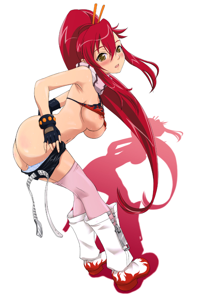 yoko littner, tengen toppa gurren lagann, 00s, 1girl, ass, bikini, bikini top only, breasts, female focus, large breasts, long hair, nipples, panties, ponytail, red hair, solo, swimsuit, thighhighs, underwear, undressing, yellow eyes