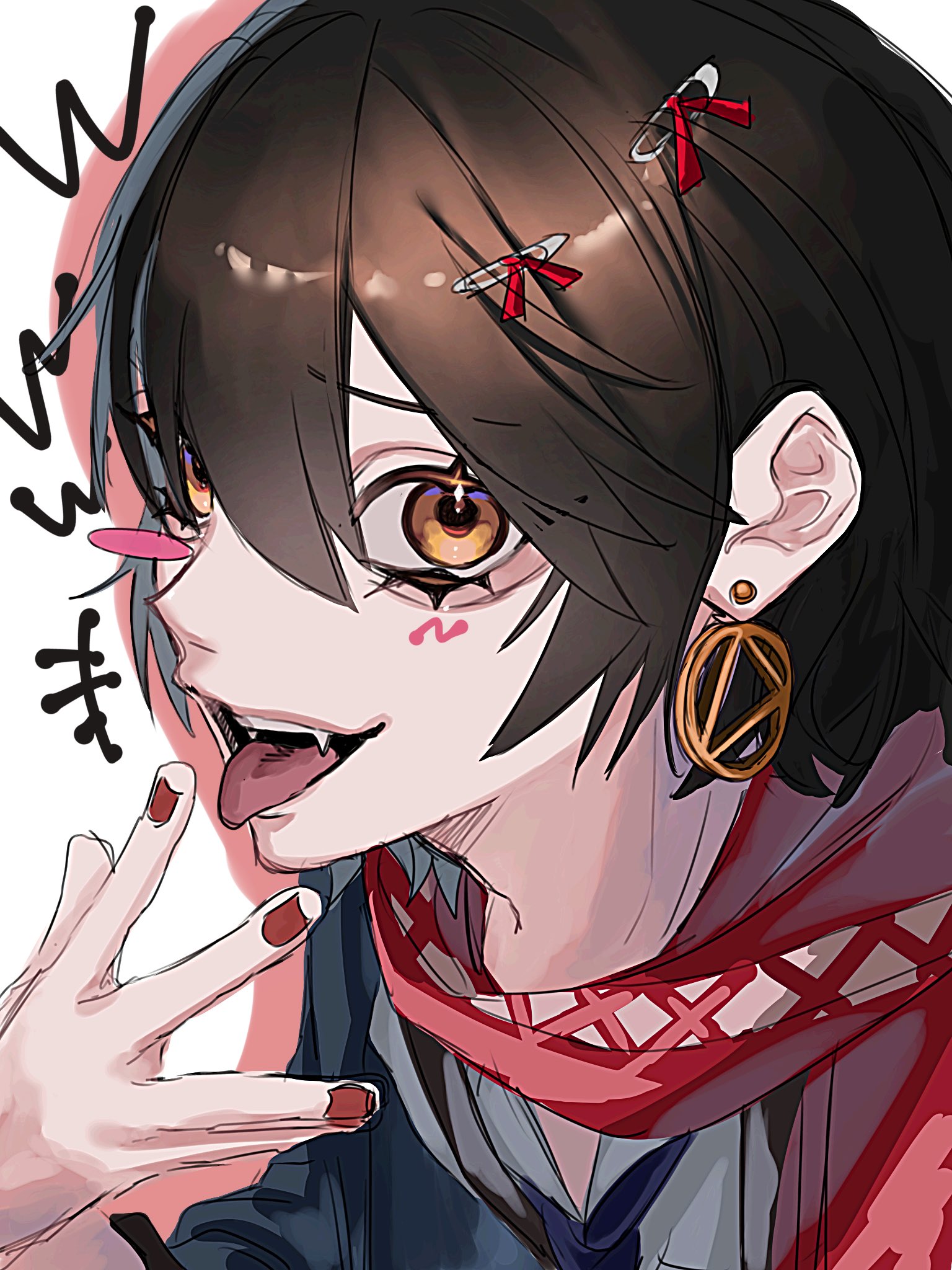 li thi a0101, mashiro meme, mashiro meme (1st costume), nijisanji, highres, 1boy, androgynous, black hair, blue necktie, brown hair, earrings, fangs, hair between eyes, hair ornament, hairclip, jewelry, looking at viewer, male focus, nail polish, necktie, open mouth, red nails, red scarf, scarf, shirt, short hair, smile, solo, tongue, tongue out, trap, virtual youtuber, white background, yellow eyes