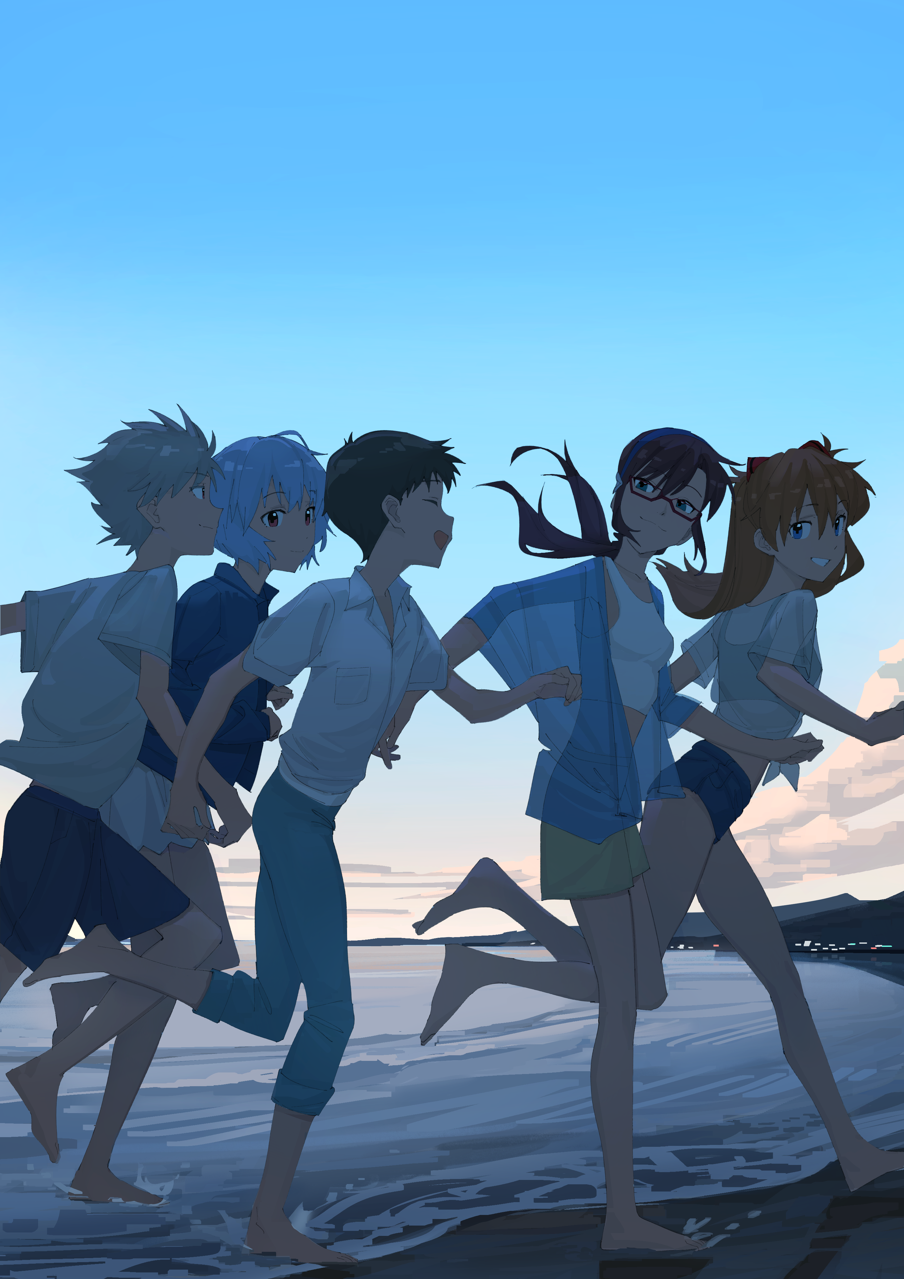 ri-el, ayanami rei, ikari shinji, makinami mari illustrious, nagisa kaworu, souryuu asuka langley, neon genesis evangelion, absurdres, commentary, highres, 2girls, 3girls, bare arms, bare legs, barefoot, beach, blue eyes, blue hair, blue pants, blue shorts, blue sky, breasts, brown hair, closed eyes, glasses, grey hair, grin, hair between eyes, long hair, multiple girls, orange hair, outdoors, pants, pants rolled up, red-framed eyewear, red eyes, running, see-through clothes, shirt, short hair, short shorts, short sleeves, shorts, skirt, sky, small breasts, smile, tank top, tied shirt, white shirt, white skirt, white tank top, yellow shorts