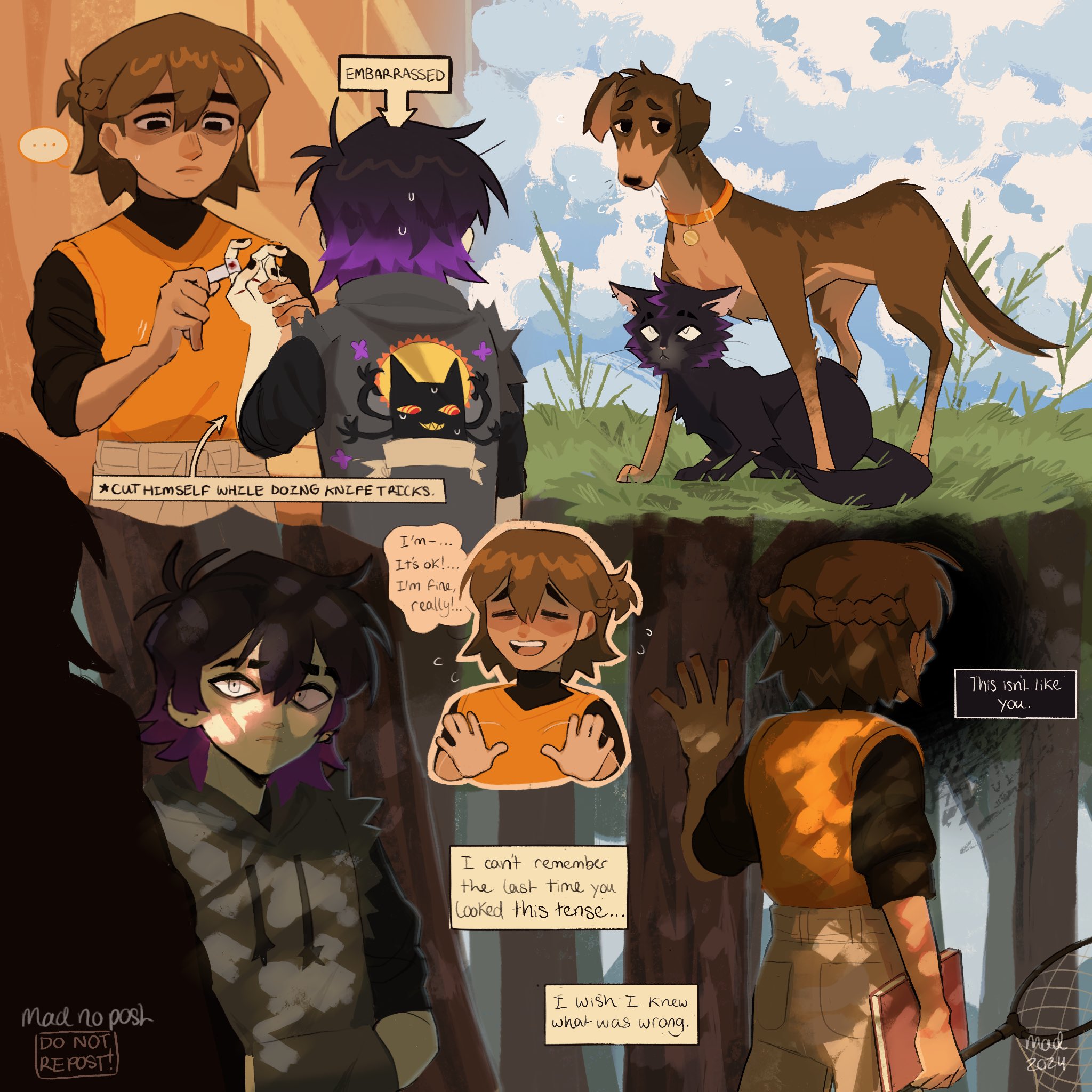 madnopost, kel (faraway) (omori), kel (omori), sunny (omori), omori, highres, …, 2024, 2boys, alternate costume, alternate eye color, alternate hair color, alternate hairstyle, alternate universe, animalization, antenna hair, artist name, bandaid, bandaid on finger, black eyes, black hair, black nails, blue sky, brown hair, butterfly net, cat, closed eyes, closed mouth, cloud, collar, dark-skinned male, dark skin, dog, double-parted bangs, ear piercing, english text, flying sweatdrops, gradient hair, grass, hand net, hands in pockets, holding, holding butterfly net, looking at another, male focus, mole, mole on neck, multicolored hair, multiple boys, open mouth, outdoors, piercing, purple hair, short hair, short sleeves, sky, speech bubble, spoken ellipsis, sweat, sweatdrop, teeth, tree, upper teeth only