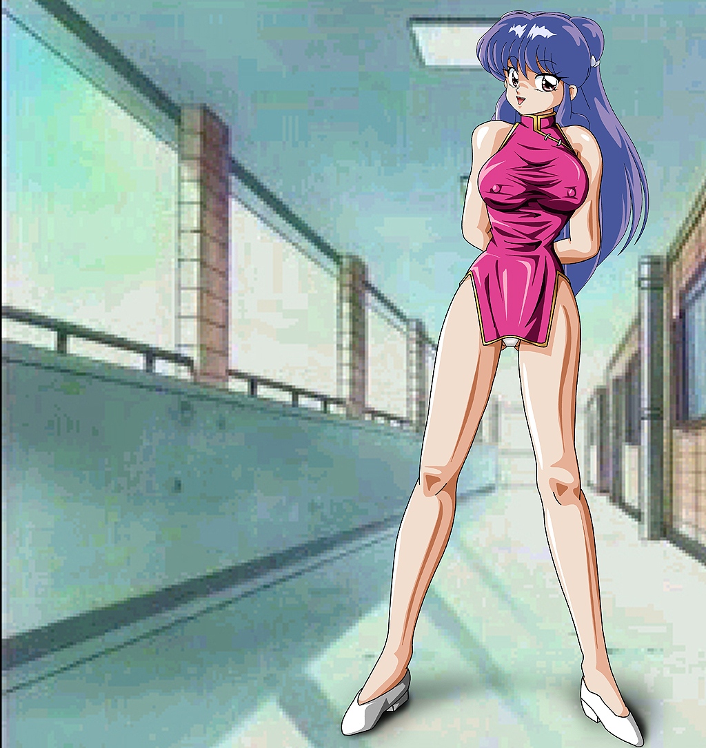 akane (cgbox), shampoo (ranma 1/2), ranma 1/2, 1girl, apartment, bare shoulders, breasts, cheongsam blouse, china dress, chinese clothes, covered erect nipples, dress, flats, hallway, huge breasts, large breasts, panties, panty peek, purple eyes, purple hair, shiny skin, standing, underwear