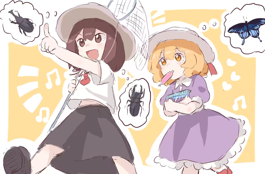 t-hou, touhou, 2girls, aged down, beetle, black skirt, blonde hair, brown eyes, brown hair, bug, butterfly, dress, hat, holding, insect, multiple girls, musical note, necktie, net, purple dress, shirt, skirt, walking, white shirt, yellow eyes