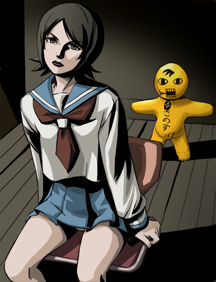 haruyama kazunori, mike mignola, hitou nami, sanosuke, sayonara zetsubou sensei, panties, pantyshot, parody, school uniform, serafuku, solo, style parody, underwear, upskirt