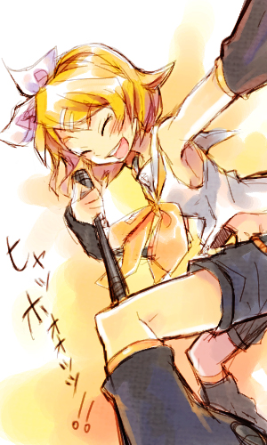 renta, renta (deja-vu), kagamine rin, vocaloid, bad id, bad pixiv id, lowres, 1girl, blonde hair, closed eyes, female focus, microphone, open mouth, short hair, solo