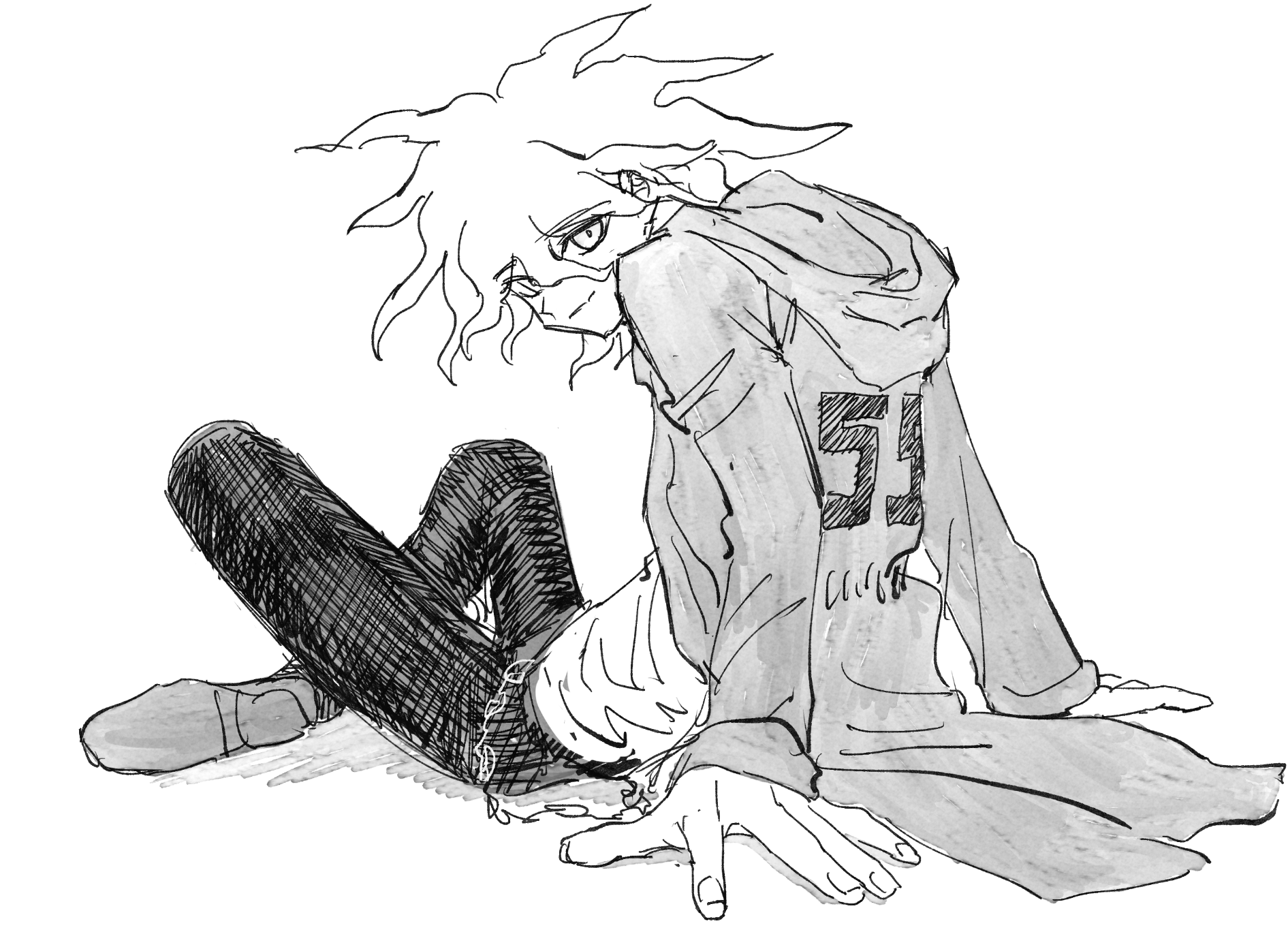 hyakumai, komaeda nagito, danganronpa (series), danganronpa 2: goodbye despair, highres, 1boy, arm support, chain, from behind, full body, greyscale, hood, hood down, hooded jacket, jacket, long sleeves, looking at viewer, looking back, male focus, medium hair, messy hair, monochrome, open clothes, open jacket, pants, print shirt, shirt, shoes, simple background, sitting, smile, solo