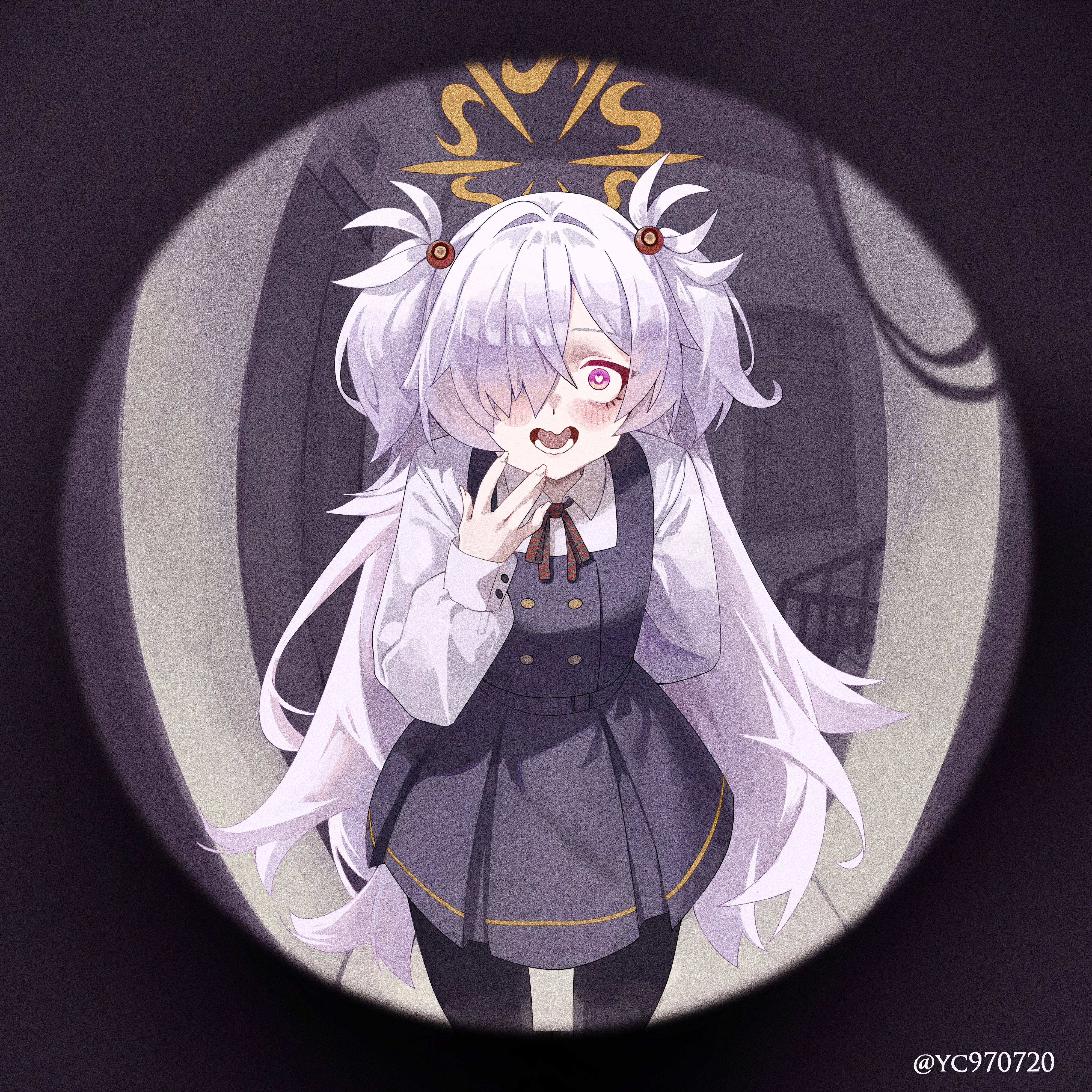 yc97, kanoe (blue archive), blue archive, absurdres, commentary, highres, 1girl, black pantyhose, brown halo, collared shirt, cowboy shot, diagonal-striped ribbon, dress, fisheye, grey hair, hair ornament, hair over one eye, halo, hand up, heart, heart-shaped pupils, long hair, long sleeves, looking at viewer, open mouth, pantyhose, pinafore dress, pink eyes, pov peephole, shirt, sleeveless, sleeveless dress, solo, symbol-shaped pupils, twitter username, two side up, white shirt