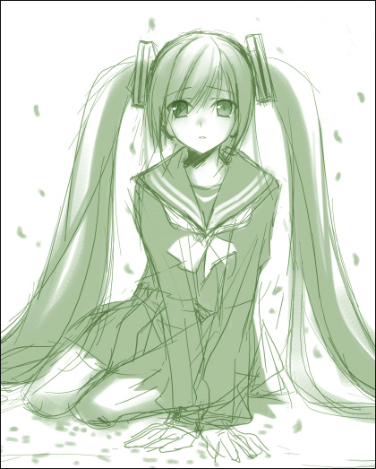 zinno, hatsune miku, vocaloid, 1girl, female focus, green theme, long hair, monochrome, school uniform, serafuku, sketch, solo, twintails, very long hair