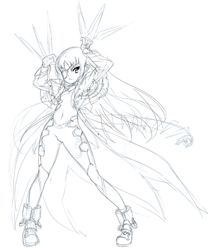 nekomamire, cinque (nanoha), numbers (nanoha), lyrical nanoha, mahou shoujo lyrical nanoha, mahou shoujo lyrical nanoha strikers, 00s, 1girl, eyepatch, female focus, greyscale, long hair, monochrome, sketch, solo
