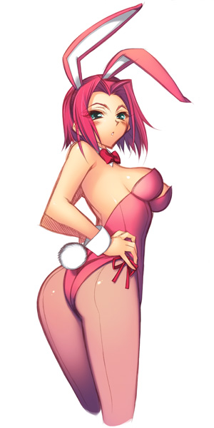 hiyohiyo, kouzuki kallen, code geass, 00s, 1girl, angry, animal ears, aqua eyes, ass, blue eyes, blush, breasts, cleavage, cropped legs, fake animal ears, female focus, hands on own hips, leotard, pantyhose, pink hair, playboy bunny, rabbit ears, red hair, short hair, sideboob, solo, white background