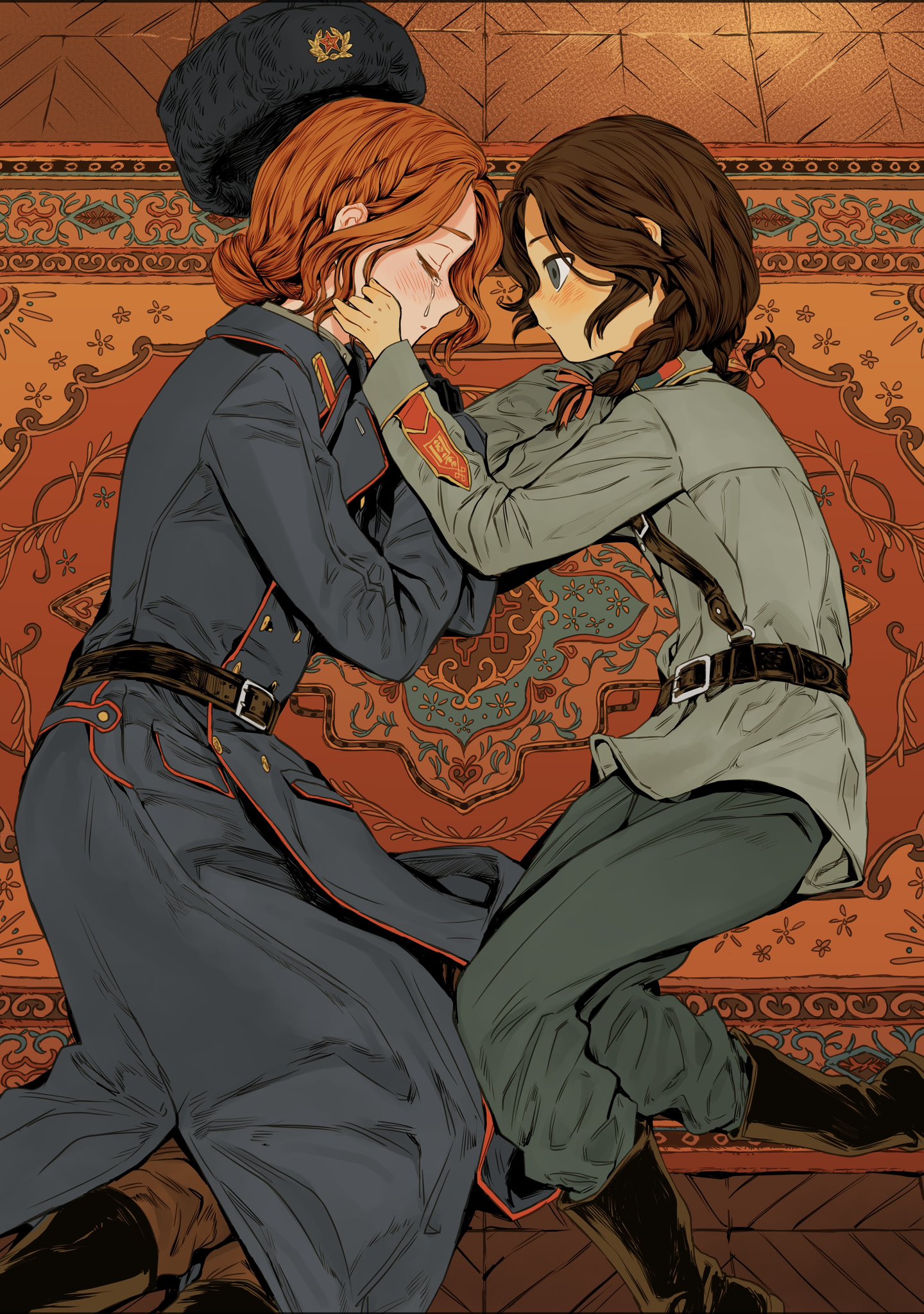 nanimonothing, original, highres, 2girls, belt, black boots, black gloves, blue coat, blush, boots, bow, breasts, brown hair, brown pants, buttons, carpet, closed eyes, coat, collar tabs, crying with eyes closed, double-breasted, floor, fur hat, gloves, greatcoat, grey jacket, hair bun, hammer and sickle, hands on another's face, hat, height difference, jacket, looking at another, lying, medium hair, military uniform, mongolia, mongolia (nanimonothing), multiple girls, on floor, orange hair, own hands together, pants, papakha, parquet floor, personification, red bow, red star, russia, russia (nanimonothing), sam browne belt, small breasts, star (symbol), unworn hat, unworn headwear, wooden floor, yuri