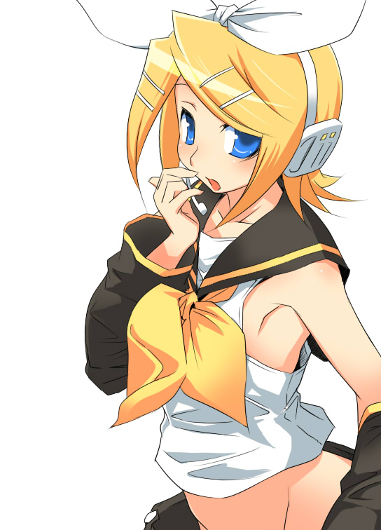 hermmy, kagamine rin, vocaloid, 1girl, armpits, blonde hair, blue eyes, detached sleeves, female focus, groin, hair ornament, hair ribbon, hairclip, headset, ribbon, school uniform, serafuku, short hair, solo