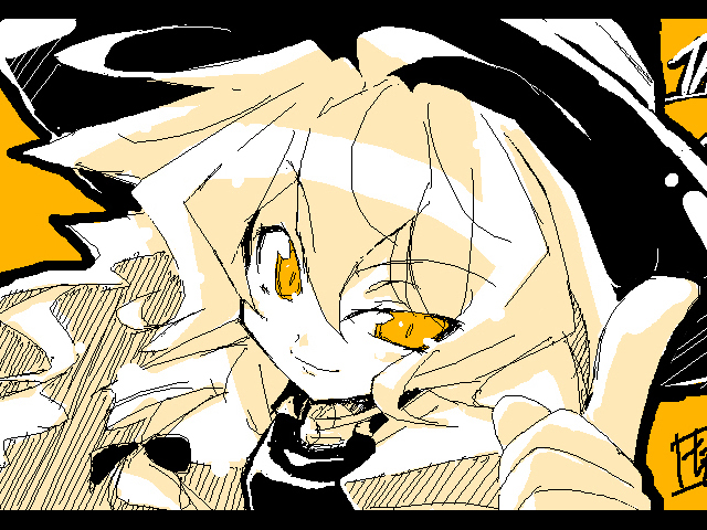 kirisame marisa, touhou, 1girl, blonde hair, braid, breasts, female focus, hat, monochrome, orange theme, smile, solo, witch hat, yellow eyes